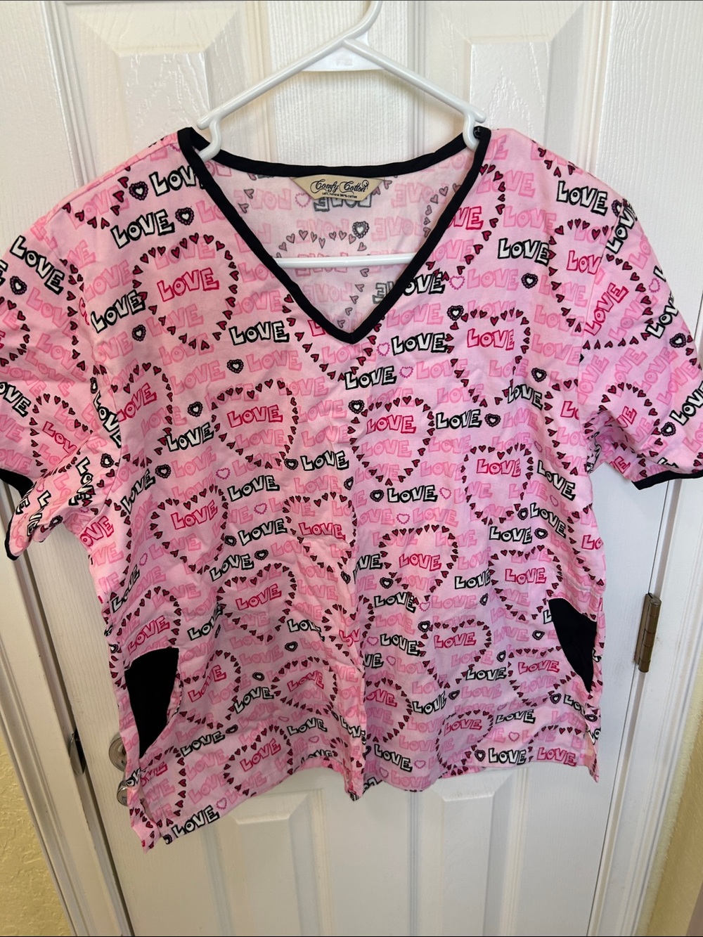 Women's Pink 'LOVE' V-Neck Short Sleeve Tee with Contrast Trim